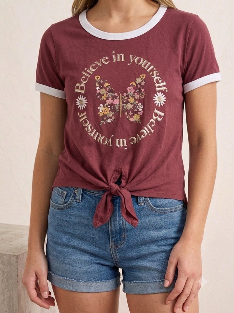 Lily Bleu Burgundy Tie-Front Ringer Tee with Butterfly Graphic